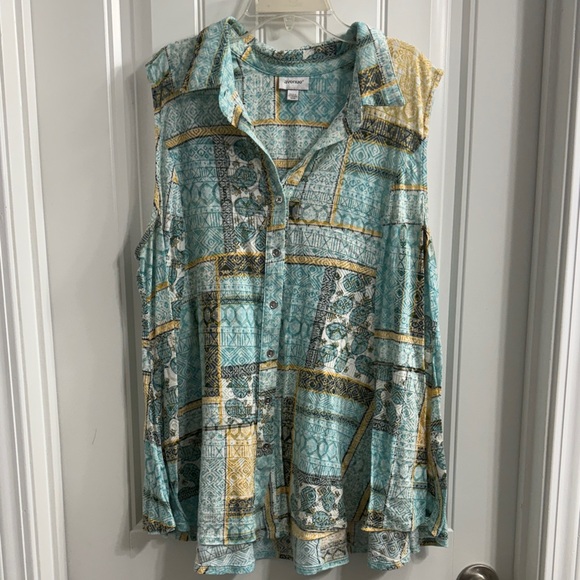 Avenue Tops - Avenue Blue Sleeveless Patchwork Blouse Size 18/20